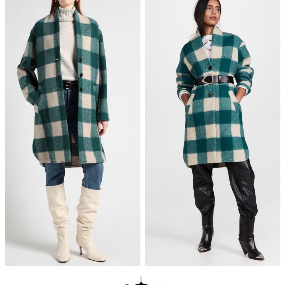 Isabel Marant Etoile Gabriel Teal Cream Checkered Wool Coat Size FR 34 Small